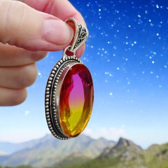Bi-Color Tourmaline ✦ Sterling Silver Pendant ✦ Victorian Oval Pink & Yellow NWT - Picture 10 of 16